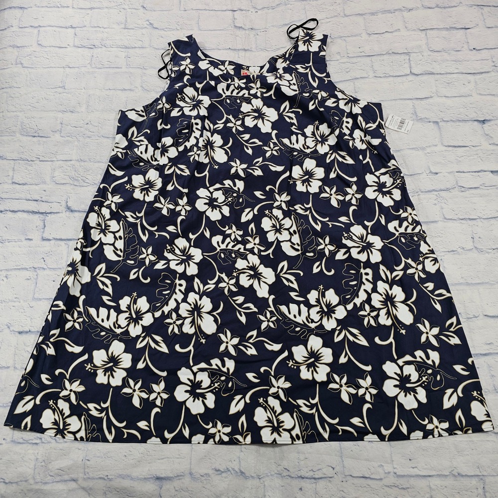 Hilo Hattie Bias Dress Womens 3XL Navy Blue Hibiscus Floral Cotton Hawaii